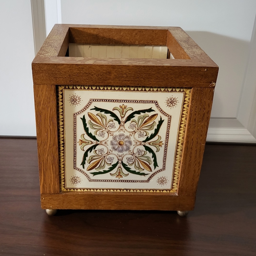 Planter Made from Hand-painted English Tile Circa 1880 with Oak Frame
